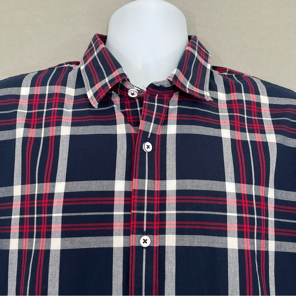 Express Red Blue Check Fitted Button Long Sleeve … - image 2